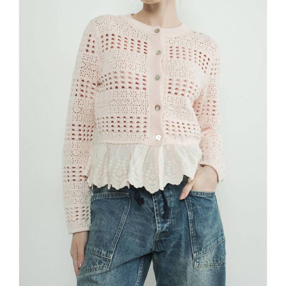 NEW AARON & AMBER lace bottom pointelle knit cardigan in cream